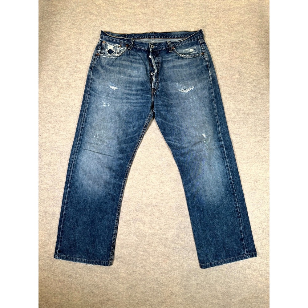 Levis 501 Straight Jeans Mens‎ 38x34 Blue Whiskering Denim Distressed Button Fly